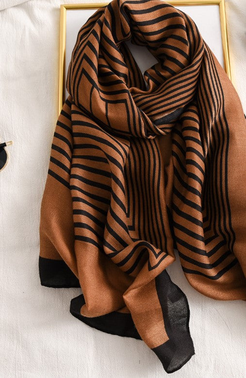 Stripe Geometric Print Scarf Hijabs-Brown